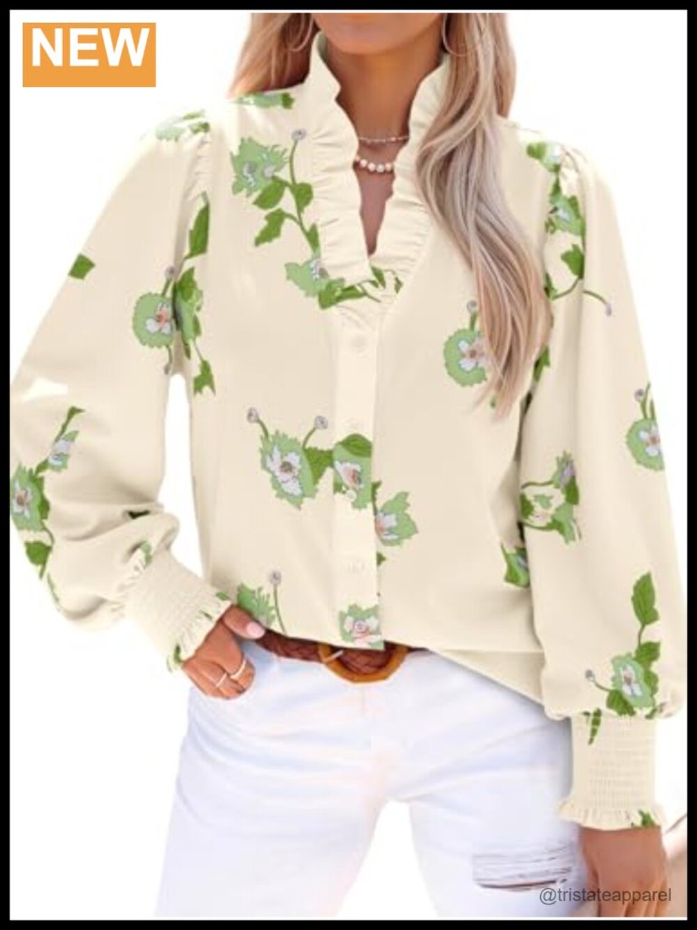 Women's Ruffle V-Neck Floral Blouse with Puff Sleeves Button Down Shirt